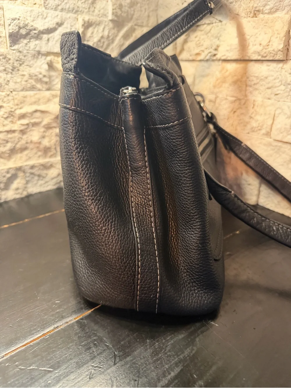 Coach Satchel F14686 Penelope Handbag Ruffled Top Tote Bag Black Pebbled Leather